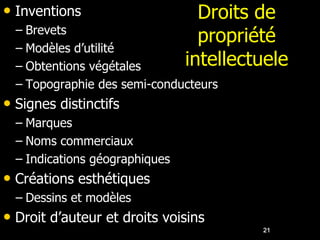 • Inventions                      Droits de
  – Brevets
                                  propriété
  – Modèles d’utilité
  – Obtentions végétales        intellectuele
  – Topographie des semi-conducteurs
• Signes distinctifs
  – Marques
  – Noms commerciaux
  – Indications géographiques
• Créations esthétiques
  – Dessins et modèles
• Droit d’auteur et droits voisins
                                         21
 