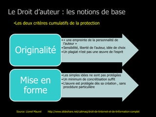 •Les deux critères cumulatifs de la protection


                                    • « une empreinte de la personnalité de
                                      l’auteur »

Originalité                         • Sensibilité, liberté de l’auteur, idée de choix
                                    • Un plagiat n’est pas une œuvre de l’esprit




                                    • Les simples idées ne sont pas protégées

    Mise en                         • Un minimum de concrétisation suffit
                                    • L’œuvre est protégée dès sa création , sans

     forme
                                      procédure particulière




 Source: Lionel Maurel   http://www.slideshare.net/calimaq/droit-de-linternet-et-de-linformation-complet
 