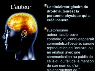 L’auteur   Le titulaireoriginaire du
           droitd'auteurest la
           personne physique qui a
           créél'oeuvre.

           (Estprésumé
           auteur, saufpreuve
           contraire, quiconqueapparaît
           commetelsurl'oeuvre, surune
           reproduction de l'oeuvre, ou
           en relation avec une
           communication au public de
           celle-ci, du fait de la mention
           de son nom ou d'un
                               25
 