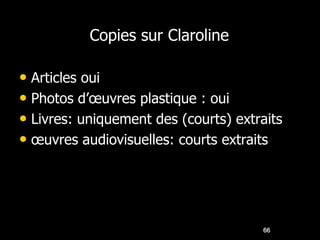Copies sur Claroline

• Articles oui
• Photos d’œuvres plastique : oui
• Livres: uniquement des (courts) extraits
• œuvres audiovisuelles: courts extraits




                                      66
 