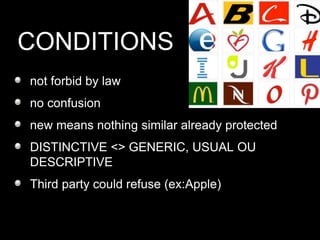 CONDITIONS
not forbid by law
no confusion
new means nothing similar already protected
DISTINCTIVE <> GENERIC, USUAL OU
DESCRIPTIVE
Third party could refuse (ex:Apple)
 