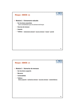 3/06/2015
39
77
Risque : EBIOS (6)
 Module 2 : Evénements redoutés
• Sur les biens essentiels
sans considération pour le scénario technique
• Sources de menace
• Impacts
• Tableau : événement redouté / source menace / impact / gravité
78
Risque : EBIOS (7)
 Module 3 : Scénarios de menaces
• Sur les biens supports
• Menaces
• Vulnérabilités
• Tableau :
biens supports / scénarios menace / sources menace / vraisemblance
 