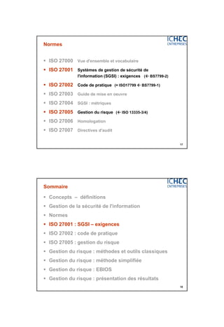 3/06/2015
9
17
Normes
 ISO 27000 Vue d'ensemble et vocabulaire
 ISO 27001 Systèmes de gestion de sécurité de
l'information (SGSI) : exigences ( BS7799-2)
 ISO 27002 Code de pratique (= ISO17799  BS7799-1)
 ISO 27003 Guide de mise en oeuvre
 ISO 27004 SGSI : métriques
 ISO 27005 Gestion du risque ( ISO 13335-3/4)
 ISO 27006 Homologation
 ISO 27007 Directives d'audit
18
Sommaire
 Concepts – définitions
 Gestion de la sécurité de l'information
 Normes
 ISO 27001 : SGSI – exigences
 ISO 27002 : code de pratique
 ISO 27005 : gestion du risque
 Gestion du risque : méthodes et outils classiques
 Gestion du risque : méthode simplifiée
 Gestion du risque : EBIOS
 Gestion du risque : présentation des résultats
 
