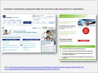 For internal use only
Certaines entreprises proposent déjà de souscrire à des assurances e-reputation…
Source: http://www.axa.fr/prevoyance-protection-des-proches/Pages/protection-familiale-integrale.aspx?xtor=SEC-116
http://www.swisslife-direct.fr/particuliers/famille/swisslife-e-reputation-1142.html
 