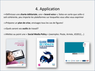 For internal use only
4. Application
=>Définissez une charte éditioriale, une « brand voice »; faites-en sorte que celle-ci
soit cohérente, peu importe les plateformes sur lesquelles vous allez vous exprimer
Préparez un plan de crise, envisagez tous les cas de figures!
Quels seront vos outils de travail?
Mettez au point une « Social Media Policy » (exemples: Poste, Armée, JO2012,…)
 