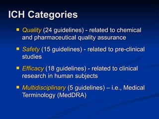 Quality  (24 guidelines) - related to chemical and pharmaceutical quality assurance Safety  (15 guidelines) - related to pre-clinical studies Efficacy  (18 guidelines) - related to clinical research in human subjects Multidisciplinary  (5 guidelines) – i.e., Medical Terminology (MedDRA) ICH Categories 