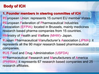 Body of ICH
1. Founder members in steering committee of ICH
  European Union: represents 15 current EU member states
  European Federation of Pharmaceutical Industries
Association (EFPIA): located in Brussels, mainly medicines
research based pharma companies from 15 countries.
  Ministry of Health and Welfare (MHW)- Japan.
  Japan Pharmaceutical Manufacturer’s Association (JPMA): it
represents all the 90 major research based pharmaceutical
companies.
  US Food and Drug Administration (USFDA)
  Pharmaceutical Research and Manufacturers of America
(PHRMA): it represents 67 research based companies and 25
research affiliates.
 