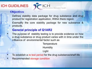 ICH GUIDILINES
       Objectives
        Defines stability data package for drug substance and drug
        product for registration application, Within there region
        Exemplify the core stability package for new substance &
        products.
        General principle of Q1AR2
       The purpose of stability testing is to provide evidence on how
        a drug substance or drug product varies with in time under the
        influence of environmental factor such as
                                    Temperature
                                    Humidity
                                     Light
       To establish a re test period for the drug substance/shelf life
       Recommended storage condition
 