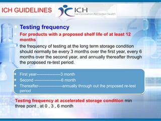ICH GUIDELINES

     Testing frequency
     For products with a proposed shelf life of at least 12
     months
     the frequency of testing at the long term storage condition
     should normally be every 3 months over the first year, every 6
     months over the second year, and annually thereafter through
     the proposed re-test period.

     First year------------------3 month
     Second --------------------6 month
     Thereafter------------------annually through out the proposed re-test
     period

   Testing frequency at accelerated storage condition min
   three point , at 0 , 3 , 6 month
 