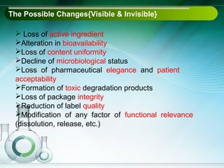 The Possible Changes{Visible & Invisible}

  Loss of active ingredient
 Alteration in bioavailability
 Loss of content uniformity
 Decline of microbiological status
 Loss of pharmaceutical elegance and patient
 acceptability
 Formation of toxic degradation products
 Loss of package integrity
 Reduction of label quality
 Modification of any factor of functional relevance
 (dissolution, release, etc.)
 