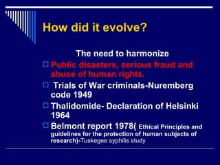 How did it evolve? The need to harmonize Public disasters, serious fraud and abuse of human rights. Trials of War criminals-Nuremberg code 1949 Thalidomide- Declaration of Helsinki 1964 Belmont report 1978(  Ethical Principles and guidelines for the protection of human subjects of research)- Tuskegee syphilis study 