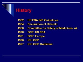 History 1962  US FDA IND Guidelines 1964  Declaration of Helsinki 1968  Committee on Safety of Medicines, uk 1978  GCP, US FDA 1991  GCP, Europe 1996  ICH GCP 1997  ICH GCP Guideline 
