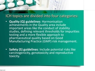 ICH topics are divided into four categories:
• Quality (Q) guidelines: Harmonisation
achievements in the Quality area include
important areas like the conduct of stability
studies, defining relevant thresholds for impurities
testing and a more flexible approach to
pharmaceutical quality based on Good
Manufacturing Practice (GMP) risk management.
• Safety (S) guidelines: Include potential risks like
carcinogenicity, genotoxicity and reproductive
toxicity.
 