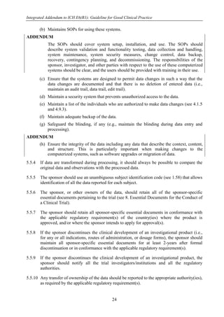Integrated Addendum to ICH E6(R1): Guideline for Good Clinical Practice
24
(b) Maintains SOPs for using these systems.
ADDENDUM
The SOPs should cover system setup, installation, and use. The SOPs should
describe system validation and functionality testing, data collection and handling,
system maintenance, system security measures, change control, data backup,
recovery, contingency planning, and decommissioning. The responsibilities of the
sponsor, investigator, and other parties with respect to the use of these computerized
systems should be clear, and the users should be provided with training in their use.
(c) Ensure that the systems are designed to permit data changes in such a way that the
data changes are documented and that there is no deletion of entered data (i.e.,
maintain an audit trail, data trail, edit trail).
(d) Maintain a security system that prevents unauthorized access to the data.
(e) Maintain a list of the individuals who are authorized to make data changes (see 4.1.5
and 4.9.3).
(f) Maintain adequate backup of the data.
(g) Safeguard the blinding, if any (e.g., maintain the blinding during data entry and
processing).
ADDENDUM
(h) Ensure the integrity of the data including any data that describe the context, content,
and structure. This is particularly important when making changes to the
computerized systems, such as software upgrades or migration of data.
5.5.4 If data are transformed during processing, it should always be possible to compare the
original data and observations with the processed data.
5.5.5 The sponsor should use an unambiguous subject identification code (see 1.58) that allows
identification of all the data reported for each subject.
5.5.6 The sponsor, or other owners of the data, should retain all of the sponsor-specific
essential documents pertaining to the trial (see 8. Essential Documents for the Conduct of
a Clinical Trial).
5.5.7 The sponsor should retain all sponsor-specific essential documents in conformance with
the applicable regulatory requirement(s) of the country(ies) where the product is
approved, and/or where the sponsor intends to apply for approval(s).
5.5.8 If the sponsor discontinues the clinical development of an investigational product (i.e.,
for any or all indications, routes of administration, or dosage forms), the sponsor should
maintain all sponsor-specific essential documents for at least 2-years after formal
discontinuation or in conformance with the applicable regulatory requirement(s).
5.5.9 If the sponsor discontinues the clinical development of an investigational product, the
sponsor should notify all the trial investigators/institutions and all the regulatory
authorities.
5.5.10 Any transfer of ownership of the data should be reported to the appropriate authority(ies),
as required by the applicable regulatory requirement(s).
 