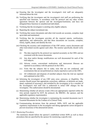 Integrated Addendum to ICH E6(R1): Guideline for Good Clinical Practice
31
(g) Ensuring that the investigator and the investigator's trial staff are adequately
informed about the trial.
(h) Verifying that the investigator and the investigator's trial staff are performing the
specified trial functions, in accordance with the protocol and any other written
agreement between the sponsor and the investigator/institution, and have not
delegated these functions to unauthorized individuals.
(i) Verifying that the investigator is enroling only eligible subjects.
(j) Reporting the subject recruitment rate.
(k) Verifying that source documents and other trial records are accurate, complete, kept
up-to-date and maintained.
(l) Verifying that the investigator provides all the required reports, notifications,
applications, and submissions, and that these documents are accurate, complete,
timely, legible, dated, and identify the trial.
(m) Checking the accuracy and completeness of the CRF entries, source documents and
other trial-related records against each other. The monitor specifically should verify
that:
(i) The data required by the protocol are reported accurately on the CRFs and are
consistent with the source documents.
(ii) Any dose and/or therapy modifications are well documented for each of the
trial subjects.
(iii) Adverse events, concomitant medications and intercurrent illnesses are
reported in accordance with the protocol on the CRFs.
(iv) Visits that the subjects fail to make, tests that are not conducted, and
examinations that are not performed are clearly reported as such on the CRFs.
(v) All withdrawals and dropouts of enrolled subjects from the trial are reported
and explained on the CRFs.
(n) Informing the investigator of any CRF entry error, omission, or illegibility. The
monitor should ensure that appropriate corrections, additions, or deletions are made,
dated, explained (if necessary), and initialled by the investigator or by a member of
the investigator's trial staff who is authorized to initial CRF changes for the
investigator. This authorization should be documented.
(o) Determining whether all adverse events (AEs) are appropriately reported within the
time periods required by GCP, the protocol, the IRB/IEC, the sponsor, and the
applicable regulatory requirement(s).
(p) Determining whether the investigator is maintaining the essential documents (see 8.
Essential Documents for the Conduct of a Clinical Trial).
(q) Communicating deviations from the protocol, SOPs, GCP, and the applicable
regulatory requirements to the investigator and taking appropriate action designed to
prevent recurrence of the detected deviations.
5.18.5 Monitoring Procedures
The monitor(s) should follow the sponsor’s established written SOPs as well as those
procedures that are specified by the sponsor for monitoring a specific trial.
 