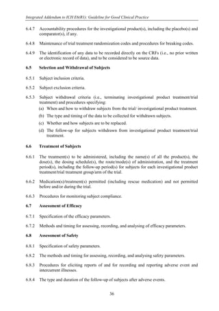 Integrated Addendum to ICH E6(R1): Guideline for Good Clinical Practice
36
6.4.7 Accountability procedures for the investigational product(s), including the placebo(s) and
comparator(s), if any.
6.4.8 Maintenance of trial treatment randomization codes and procedures for breaking codes.
6.4.9 The identification of any data to be recorded directly on the CRFs (i.e., no prior written
or electronic record of data), and to be considered to be source data.
6.5 Selection and Withdrawal of Subjects
6.5.1 Subject inclusion criteria.
6.5.2 Subject exclusion criteria.
6.5.3 Subject withdrawal criteria (i.e., terminating investigational product treatment/trial
treatment) and procedures specifying:
(a) When and how to withdraw subjects from the trial/ investigational product treatment.
(b) The type and timing of the data to be collected for withdrawn subjects.
(c) Whether and how subjects are to be replaced.
(d) The follow-up for subjects withdrawn from investigational product treatment/trial
treatment.
6.6 Treatment of Subjects
6.6.1 The treatment(s) to be administered, including the name(s) of all the product(s), the
dose(s), the dosing schedule(s), the route/mode(s) of administration, and the treatment
period(s), including the follow-up period(s) for subjects for each investigational product
treatment/trial treatment group/arm of the trial.
6.6.2 Medication(s)/treatment(s) permitted (including rescue medication) and not permitted
before and/or during the trial.
6.6.3 Procedures for monitoring subject compliance.
6.7 Assessment of Efficacy
6.7.1 Specification of the efficacy parameters.
6.7.2 Methods and timing for assessing, recording, and analysing of efficacy parameters.
6.8 Assessment of Safety
6.8.1 Specification of safety parameters.
6.8.2 The methods and timing for assessing, recording, and analysing safety parameters.
6.8.3 Procedures for eliciting reports of and for recording and reporting adverse event and
intercurrent illnesses.
6.8.4 The type and duration of the follow-up of subjects after adverse events.
 