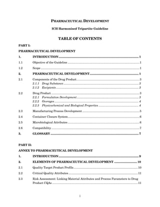 PHARMACEUTICAL DEVELOPMENT

                                 ICH Harmonised Tripartite Guideline


                                         TABLE OF CONTENTS
PART I:
PHARMACEUTICAL DEVELOPMENT
1.         INTRODUCTION .................................................................................................. 1
1.1        Objective of the Guideline ........................................................................................1
1.2        Scope .........................................................................................................................1
2.         PHARMACEUTICAL DEVELOPMENT............................................................ 1
2.1        Components of the Drug Product .............................................................................3
           2.1.1 Drug Substance ............................................................................................ 3
           2.1.2 Excipients ..................................................................................................... 3
2.2        Drug Product ............................................................................................................3
           2.2.1 Formulation Development............................................................................ 3
           2.2.2 Overages ....................................................................................................... 4
           2.2.3 Physicochemical and Biological Properties ................................................. 4
2.3        Manufacturing Process Development ......................................................................5
2.4        Container Closure System........................................................................................6
2.5        Microbiological Attributes ........................................................................................6
2.6        Compatibility ............................................................................................................7
3.         GLOSSARY ............................................................................................................ 7


PART II:
ANNEX TO PHARMACEUTICAL DEVELOPMENT
1.         INTRODUCTION .................................................................................................. 9
2.         ELEMENTS OF PHARMACEUTICAL DEVELOPMENT ............................ 10
2.1        Quality Target Product Profile............................................................................... 10
2.2        Critical Quality Attributes ..................................................................................... 11
2.3        Risk Assessment: Linking Material Attributes and Process Parameters to Drug
           Product CQAs ......................................................................................................... 11



                                                                  i
 