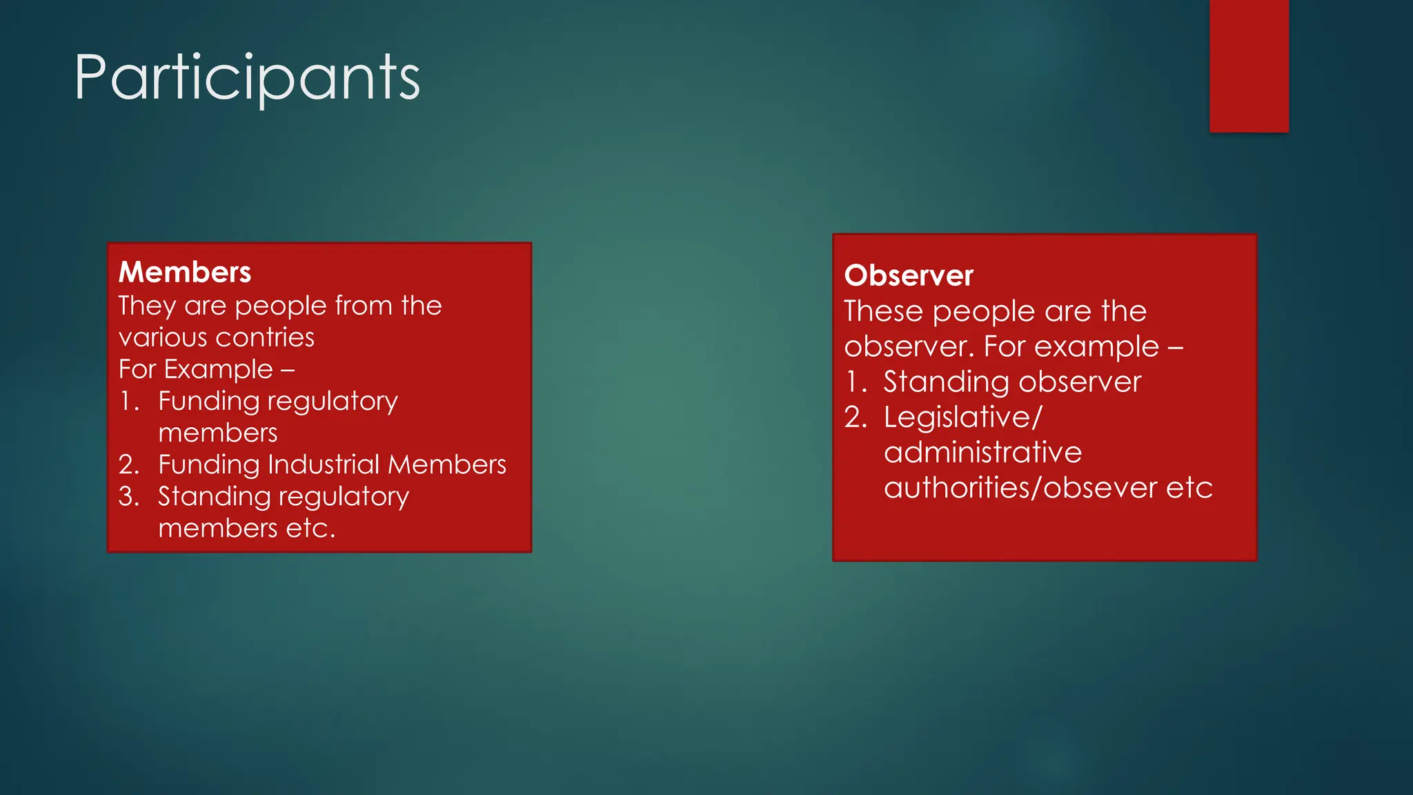 Participants
Members
They are people from the
various contries
For Example –
1. Funding regulatory
members
2. Funding Industrial Members
3. Standing regulatory
members etc.
Observer
These people are the
observer. For example –
1. Standing observer
2. Legislative/
administrative
authorities/obsever etc
 