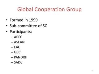 Global Cooperation Group
• Formed in 1999
• Sub-committee of SC
• Participants:
  – APEC
  – ASEAN
  – EAC
  – GCC
  – PANDRH
  – SADC
                                13
 