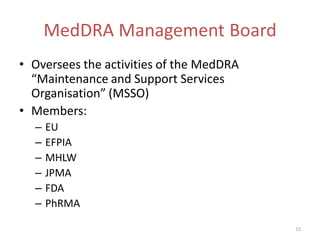 MedDRA Management Board
• Oversees the activities of the MedDRA
  “Maintenance and Support Services
  Organisation” (MSSO)
• Members:
  –   EU
  –   EFPIA
  –   MHLW
  –   JPMA
  –   FDA
  –   PhRMA

                                          15
 