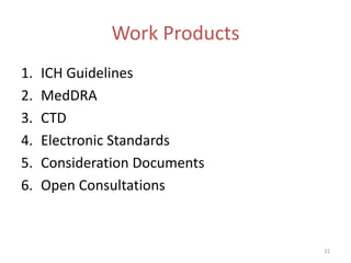 Work Products
1.   ICH Guidelines
2.   MedDRA
3.   CTD
4.   Electronic Standards
5.   Consideration Documents
6.   Open Consultations



                               21
 