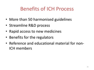 Benefits of ICH Process
•   More than 50 harmonised guidelines
•   Streamline R&D process
•   Rapid access to new medicines
•   Benefits for the regulators
•   Reference and educational material for non-
    ICH members



                                                  25
 