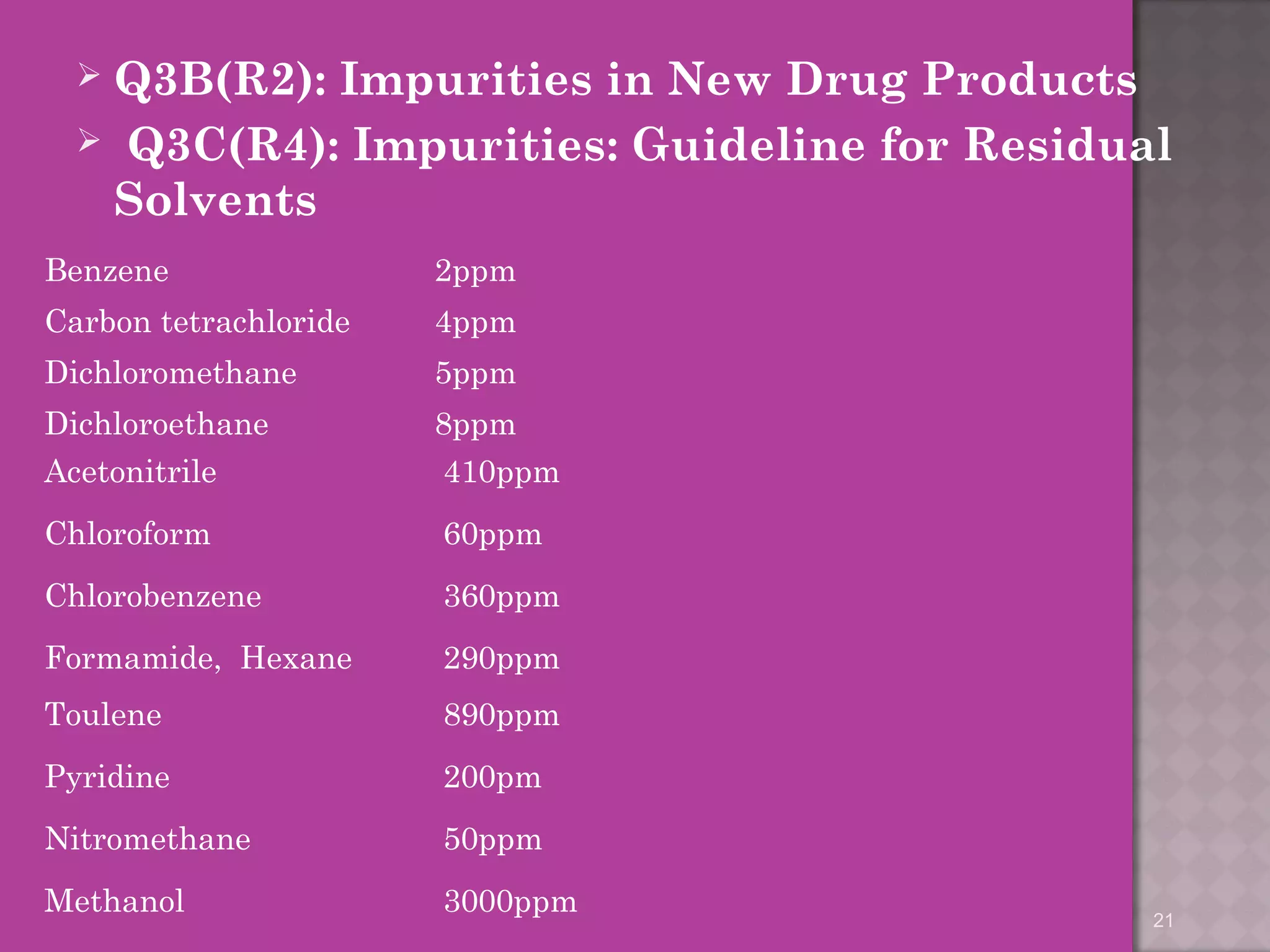  Q3B(R2): Impurities in New Drug Products 
 Q3C(R4): Impurities: Guideline for Residual 
Solvents 
21 
Benzene 2ppm 
Carbon tetrachloride 4ppm 
Dichloromethane 5ppm 
Dichloroethane 8ppm 
Acetonitrile 410ppm 
Chloroform 60ppm 
Chlorobenzene 360ppm 
Formamide, Hexane 290ppm 
Toulene 890ppm 
Pyridine 200pm 
Nitromethane 50ppm 
Methanol 3000ppm 
 