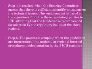  Step-4 is reached when the Steering Committee 
agrees that there is sufficient scientific consensus on 
the technical issues. This endorsement is based on 
the signatures from the three regulatory parties to 
ICH affirming that the Guideline is recommended 
for adoption by the regulatory bodies of the three 
regions. 
 Step-5: The process is complete when the guidelines 
are incorporated into national or regional internal 
procedures(implementation in the 3 ICH regions.) 
11 
 