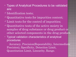 • Types of Analytical Procedures to be validated 
are: 
 Identification tests; 
Quantitative tests for impurities content; 
Limit tests for the control of impurities; 
Quantitative tests of the active moiety in 
samples of drug substance or drug product or 
other selected components in the drug product. 
• Typical validation characteristics of analytical 
procedures 
Accuracy, Precision(Repeatability, Intermediate 
Precision), Specificity, Detection Limit, 
Quantitation Limit, Linearity, Range. 
19 
 