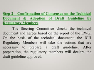 Step 2 – Confirmation of Consensus on the Technical
Document & Adoption of Draft Guideline by
Regulatory Members
The Steering Committee checks the technical
document and agrees based on the report of the EWG.
On the basis of the technical document, the ICH
Regulatory Members will take the actions that are
necessary to prepare a draft guideline. After
preparation, the regulatory members will declare the
draft guideline approved.
 