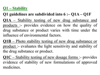 Q1 – Stability
Q1 guidelines are subdivided into 6 :– Q1A – Q1F
Q1A – Stability testing of new drug substance and
products :- provides evidence on how the quality of
drug substance or product varies with time under the
influence of environmental factors.
Q1B – Photo stability testing of new drug substance or
product :- evaluates the light sensitivity and stability of
the drug substance or product.
Q1C – Stability testing of new dosage forms :- provides
evidence of stability of new formulations of approved
medicines.
 