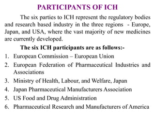 PARTICIPANTS OF ICH
The six parties to ICH represent the regulatory bodies
and research based industry in the three region...
