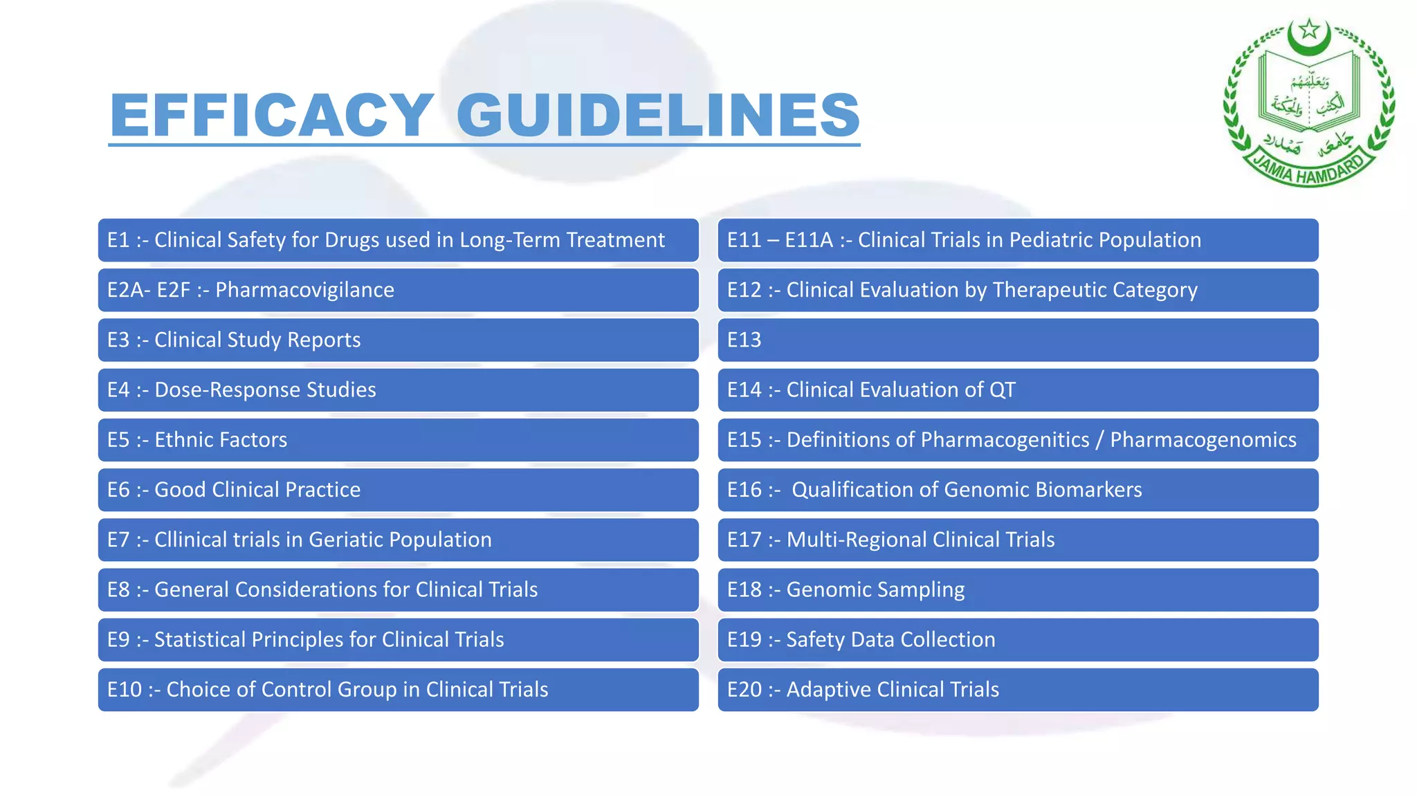 EFFICACY GUIDELINES
E1 :- Clinical Safety for Drugs used in Long-Term Treatment
E2A- E2F :- Pharmacovigilance
E3 :- Clinical Study Reports
E4 :- Dose-Response Studies
E5 :- Ethnic Factors
E6 :- Good Clinical Practice
E7 :- Cllinical trials in Geriatic Population
E8 :- General Considerations for Clinical Trials
E9 :- Statistical Principles for Clinical Trials
E10 :- Choice of Control Group in Clinical Trials
E11 – E11A :- Clinical Trials in Pediatric Population
E12 :- Clinical Evaluation by Therapeutic Category
E13
E14 :- Clinical Evaluation of QT
E15 :- Definitions of Pharmacogenitics / Pharmacogenomics
E16 :- Qualification of Genomic Biomarkers
E17 :- Multi-Regional Clinical Trials
E18 :- Genomic Sampling
E19 :- Safety Data Collection
E20 :- Adaptive Clinical Trials
 