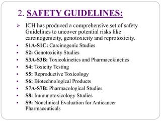 2. SAFETY GUIDELINES:
 ICH has produced a comprehensive set of safety
Guidelines to uncover potential risks like
carcinogenicity, genotoxicity and reprotoxicity.
 S1A-S1C: Carcinogenic Studies
 S2: Genotoxicity Studies
 S3A-S3B: Toxicokinetics and Pharmacokinetics
 S4: Toxicity Testing
 S5: Reproductive Toxicology
 S6: Biotechnological Products
 S7A-S7B: Pharmacological Studies
 S8: Immunotoxicology Studies
 S9: Nonclinical Evaluation for Anticancer
Pharmaceuticals
 