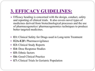 3. EFFICACY GUIDELINES:
 Efficacy heading is concerned with the design, conduct, safety
and reporting of clinical trials. It also covers novel types of
medicines derived from biotechnological processes and the use
of pharmacogenetics/ pharmacogenomics techniques to produce
better targeted medicines.
 E1: Clinical Safety for Drugs used in Long-term Treatment
 E2A-E2F: Pharmacovigilance
 E3: Clinical Study Reports
 E4: Dose Response Studies
 E5: Ethnic factors
 E6: Good Clinical Practice
 E7: Clinical Trials In Geriatric Population
 