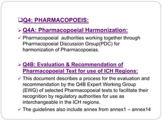 Q4: PHARMACOPOEIS:
 Q4A: Pharmacopoeial Harmonization:
 Pharmacopoeial authorities working together through
Pharmacopoeial Discussion Group(PDC) for
harmonization of Pharmacopoeias.
 Q4B: Evaluation & Recommendation of
Pharmacopoeial Text for use of ICH Regions:
 This document describes a process for the evaluation and
recommendation by the Q4B Expert Working Group
(EWG) of selected Pharmacopoeial texts to facilitate their
recognition by regulatory authorities for use as
interchangeable in the ICH regions.
 The guidelines also include annex from annex1 – annex14
 