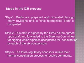 Steps in the ICH process
10
Step-1: Drafts are prepared and circulated through
many revisions until a "final harmonised draft" is
completed
Step-2: This draft is signed by the EWG as the agreed-
upon draft and forwarded to the Steering Committee
for signing which signifies acceptance for consultation
by each of the six co-sponsors
Step-3: The three regulatory sponsors initiate their
normal consultation process to receive comments.
 
