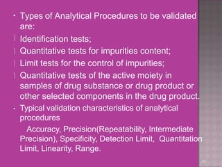 •
19
Types of Analytical Procedures to be validated
are:
 Identification tests;
 Quantitative tests for impurities content;
 Limit tests for the control of impurities;
 Quantitative tests of the active moiety in
samples of drug substance or drug product or
other selected components in the drug product.
• Typical validation characteristics of analytical
procedures
Accuracy, Precision(Repeatability, Intermediate
Precision), Specificity, Detection Limit, Quantitation
Limit, Linearity, Range.
 