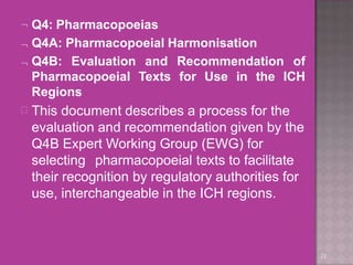  Q4: Pharmacopoeias
22
 Q4A: Pharmacopoeial Harmonisation
 Q4B: Evaluation and Recommendation of
Pharmacopoeial Texts for Use in the ICH
Regions
 This document describes a process for the
evaluation and recommendation given by the
Q4B Expert Working Group (EWG) for
selecting pharmacopoeial texts to facilitate
their recognition by regulatory authorities for
use, interchangeable in the ICH regions.
 