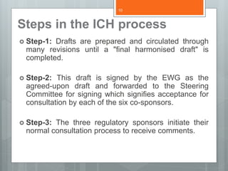 Steps in the ICH process
 Step-1: Drafts are prepared and circulated through
many revisions until a "final harmonised draft" is
completed.
 Step-2: This draft is signed by the EWG as the
agreed-upon draft and forwarded to the Steering
Committee for signing which signifies acceptance for
consultation by each of the six co-sponsors.
 Step-3: The three regulatory sponsors initiate their
normal consultation process to receive comments.
10
 