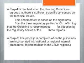  Step-4 is reached when the Steering Committee
agrees that there is sufficient scientific consensus on
the technical issues.
This endorsement is based on the signatures
from the three regulatory parties to ICH affirming
that the Guideline is recommended for adoption by
the regulatory bodies of the three regions.
 Step-5: The process is complete when the guidelines
are incorporated into national or regional internal
procedures(implementation in the 3 ICH regions.)
11
 