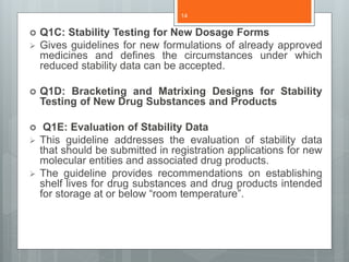  Q1C: Stability Testing for New Dosage Forms
 Gives guidelines for new formulations of already approved
medicines and defines the circumstances under which
reduced stability data can be accepted.
 Q1D: Bracketing and Matrixing Designs for Stability
Testing of New Drug Substances and Products
 Q1E: Evaluation of Stability Data
 This guideline addresses the evaluation of stability data
that should be submitted in registration applications for new
molecular entities and associated drug products.
 The guideline provides recommendations on establishing
shelf lives for drug substances and drug products intended
for storage at or below “room temperature”.
14
 