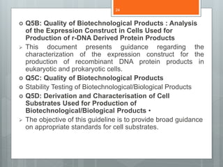  Q5B: Quality of Biotechnological Products : Analysis
of the Expression Construct in Cells Used for
Production of r-DNA Derived Protein Products
 This document presents guidance regarding the
characterization of the expression construct for the
production of recombinant DNA protein products in
eukaryotic and prokaryotic cells.
 Q5C: Quality of Biotechnological Products
 Stability Testing of Biotechnological/Biological Products
 Q5D: Derivation and Characterisation of Cell
Substrates Used for Production of
Biotechnological/Biological Products •
 The objective of this guideline is to provide broad guidance
on appropriate standards for cell substrates.
24
 