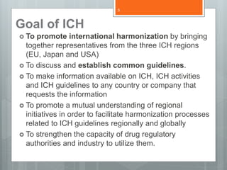 Goal of ICH
 To promote international harmonization by bringing
together representatives from the three ICH regions
(EU, Japan and USA)
 To discuss and establish common guidelines.
 To make information available on ICH, ICH activities
and ICH guidelines to any country or company that
requests the information
 To promote a mutual understanding of regional
initiatives in order to facilitate harmonization processes
related to ICH guidelines regionally and globally
 To strengthen the capacity of drug regulatory
authorities and industry to utilize them.
5
 
