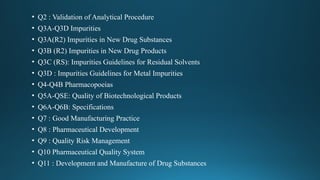 • Q2 : Validation of Analytical Procedure
• Q3A-Q3D Impurities
• Q3A(R2) Impurities in New Drug Substances
• Q3B (R2) Impurities in New Drug Products
• Q3C (RS): Impurities Guidelines for Residual Solvents
• Q3D : Impurities Guidelines for Metal Impurities
• Q4-Q4B Pharmacopoeias
• Q5A-QSE: Quality of Biotechnological Products
• Q6A-Q6B: Specifications
• Q7 : Good Manufacturing Practice
• Q8 : Pharmaceutical Development
• Q9 : Quality Risk Management
• Q10 Pharmaceutical Quality System
• Q11 : Development and Manufacture of Drug Substances
 