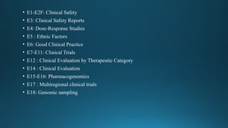 • E1-E2F: Clinical Safety
• E3: Clinical Safety Reports
• E4: Dose-Response Studies
• E5 : Ethnic Factors
• E6: Good Clinical Practice
• E7-E11: Clinical Trials
• E12 : Clinical Evaluation by Therapeutic Category
• E14 : Clinical Evaluation
• E15-E16: Pharmacogenomics
• E17 : Multiregional clinical trials
• E18: Genomic sampling
 