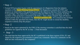 • Step -1
• Formal ICH procedure begins with the appointment of a Rapporteur from the industry
members of the Expert Working Group (EWG). The Rapporteur consults the EWG and
prepares an initial draft of the guideline based on the objectives that have been outlined in the
Concept Paper. The initial draft is circulated within the EWG for any comments. If all the
members of the group have consented to the draft, 1. then a Step 2 Experts Sign-off sheet is
signed and the same is forwarded to the Steering Committee (SC). If a consensus has not been
reached within the specified time frame, then the SC might decide to extend the deadline,
suspend or entirely drop the project
• Step -2
• based on the report submitted by the EWG if the steering committee is satisfied then the draft
guidelines are signed by the SC as step – 2 final document.
• Step - 3
• The draft that has been approved by the SC is published in the three regions (USA, EU and
Japan) by the respective governments to garner any comments. Moreover, comments on the
draft are also welcomed by the companies
 