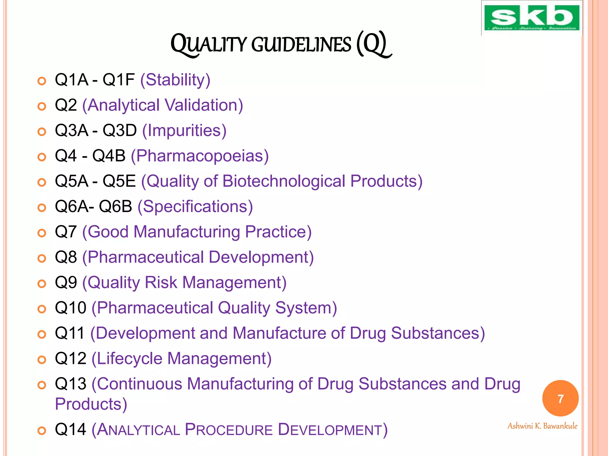 QUALITY GUIDELINES (Q)
 Q1A - Q1F (Stability)
 Q2 (Analytical Validation)
 Q3A - Q3D (Impurities)
 Q4 - Q4B (Pharmacopoeias)
 Q5A - Q5E (Quality of Biotechnological Products)
 Q6A- Q6B (Specifications)
 Q7 (Good Manufacturing Practice)
 Q8 (Pharmaceutical Development)
 Q9 (Quality Risk Management)
 Q10 (Pharmaceutical Quality System)
 Q11 (Development and Manufacture of Drug Substances)
 Q12 (Lifecycle Management)
 Q13 (Continuous Manufacturing of Drug Substances and Drug
Products)
 Q14 (ANALYTICAL PROCEDURE DEVELOPMENT)
7
Ashwini K. Bawankule
 