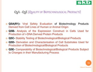 Q5A - Q5E (QUALITY OF BIOTECHNOLOGICAL PRODUCTS)
 Q5A(R1)- Viral Safety Evaluation of Biotechnology Products
Derived from Cell Lines of Human or Animal Origin
 Q5B- Analysis of the Expression Construct in Cells Used for
Production of r-DNA Derived Protein Products
 Q5C- Stability Testing of Biotechnological/Biological Products
 Q5D- Derivation and Characterisation of Cell Substrates Used for
Production of Biotechnological/Biological Products
 Q5E- Comparability of Biotechnological/Biological Products Subject
to Changes in their Manufacturing Process
13
Ashwini K. Bawankule
 