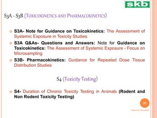 S3A - S3B (TOXICOKINETICS AND PHARMACOKINETICS)
 S3A- Note for Guidance on Toxicokinetics: The Assessment of
Systemic Exposure in Toxicity Studies
 S3A Q&As- Questions and Answers: Note for Guidance on
Toxicokinetics: The Assessment of Systemic Exposure - Focus on
Microsampling
 S3B- Pharmacokinetics: Guidance for Repeated Dose Tissue
Distribution Studies
 S4- Duration of Chronic Toxicity Testing in Animals (Rodent and
Non Rodent Toxicity Testing)
S4 (Toxicity Testing)
21
Ashwini K. Bawankule
 